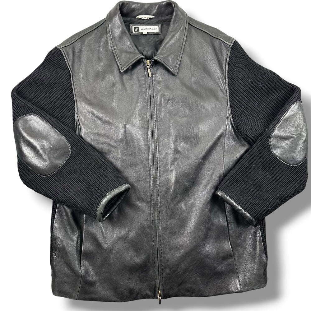 Vintage Bachrach Mixed Media Leather & Wool Bomber Jacket Size Large Black EUC